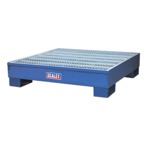 The Sealey Barrel Bund 1200 x 1200 x 275mm - DRP11 is a blue steel spill pallet with a grid top designed for holding barrels. It features four sturdy legs for stability and is compliant with oil storage regulations.