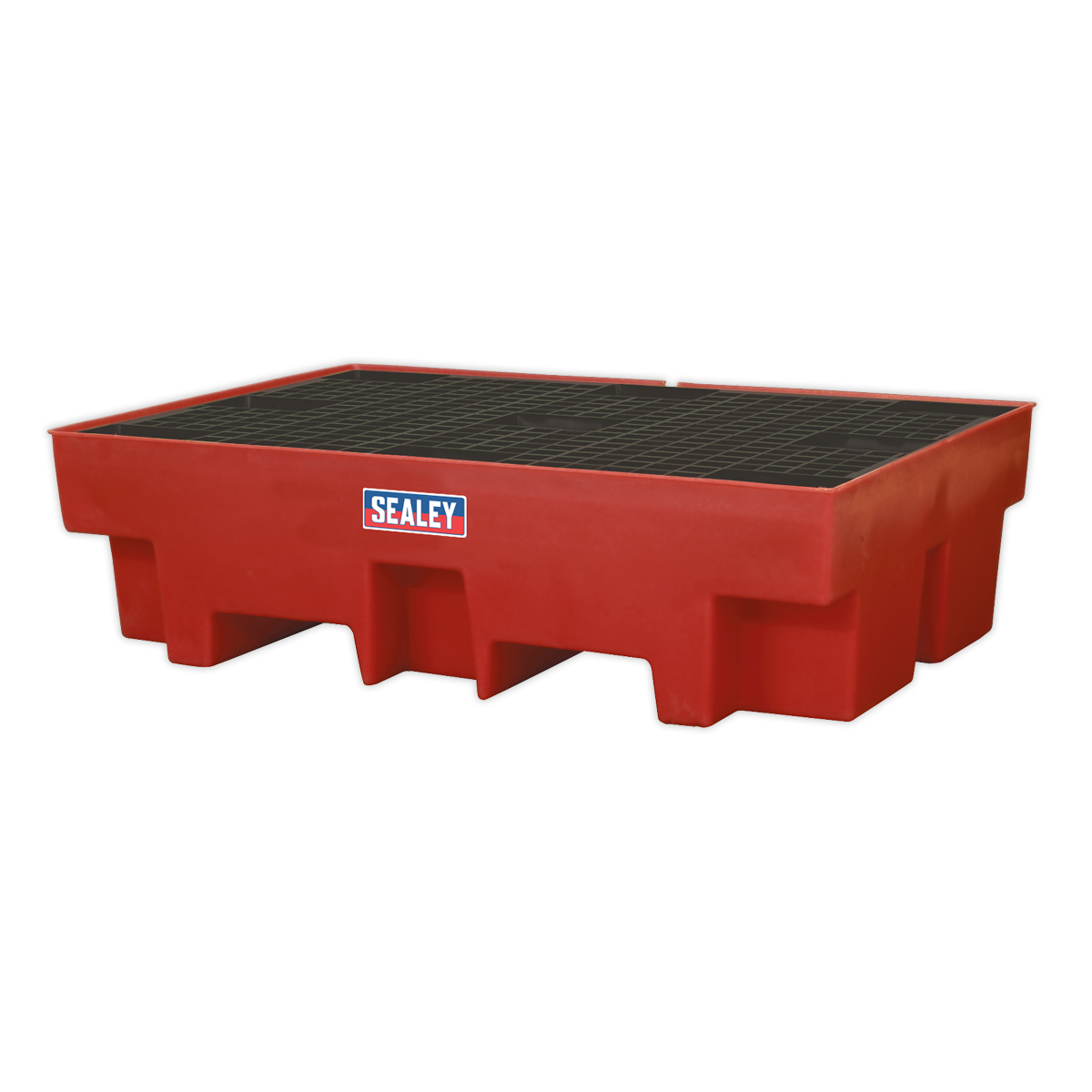 The Sealey Barrel Bund Polyethylene 1220 x 820 x 330mm - DRP12, a spill containment pallet with a grid top surface, is designed for holding containers and preventing spills, complying with oil storage regulations.