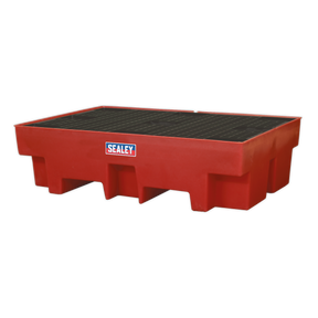 The Sealey Barrel Bund Polyethylene 1220 x 820 x 330mm - DRP12, a spill containment pallet with a grid top surface, is designed for holding containers and preventing spills, complying with oil storage regulations.
