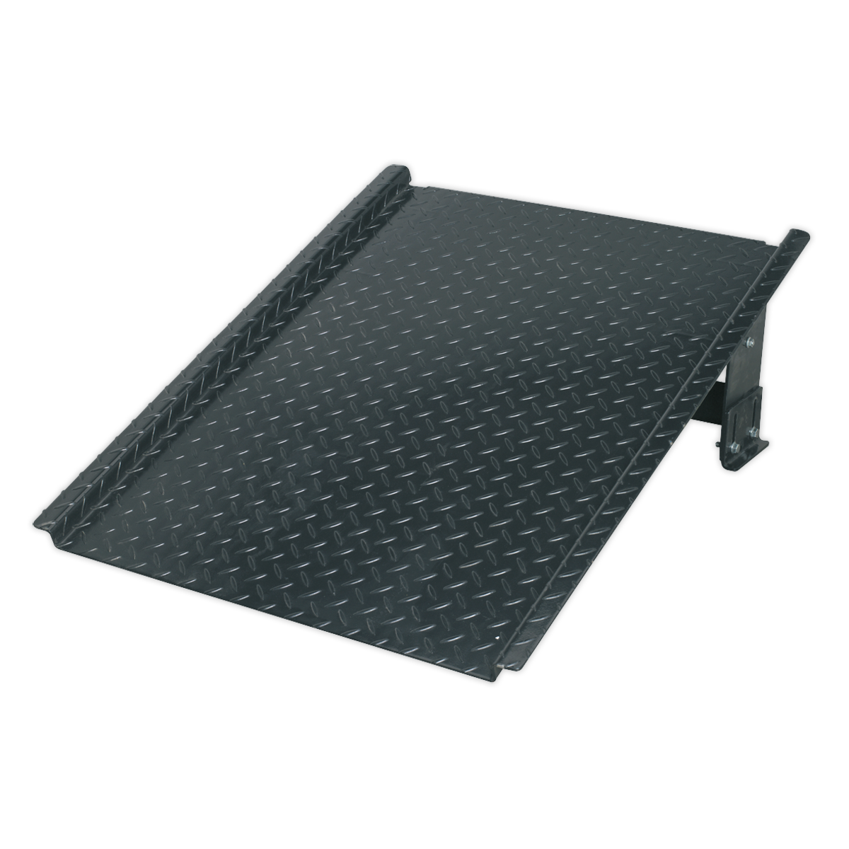 The Sealey Adjustable Height Ramp for Barrel Bunds & Kerbs - DRP15 features a black textured metal surface with raised edges and robust steel support legs at the far end, making it ideal for loading, drum handling, or accessibility purposes.