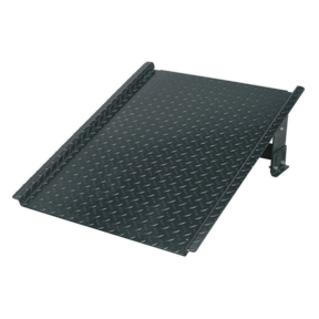The Sealey Adjustable Height Ramp for Barrel Bunds & Kerbs - DRP15 features a black textured metal surface with raised edges and robust steel support legs at the far end, making it ideal for loading, drum handling, or accessibility purposes.