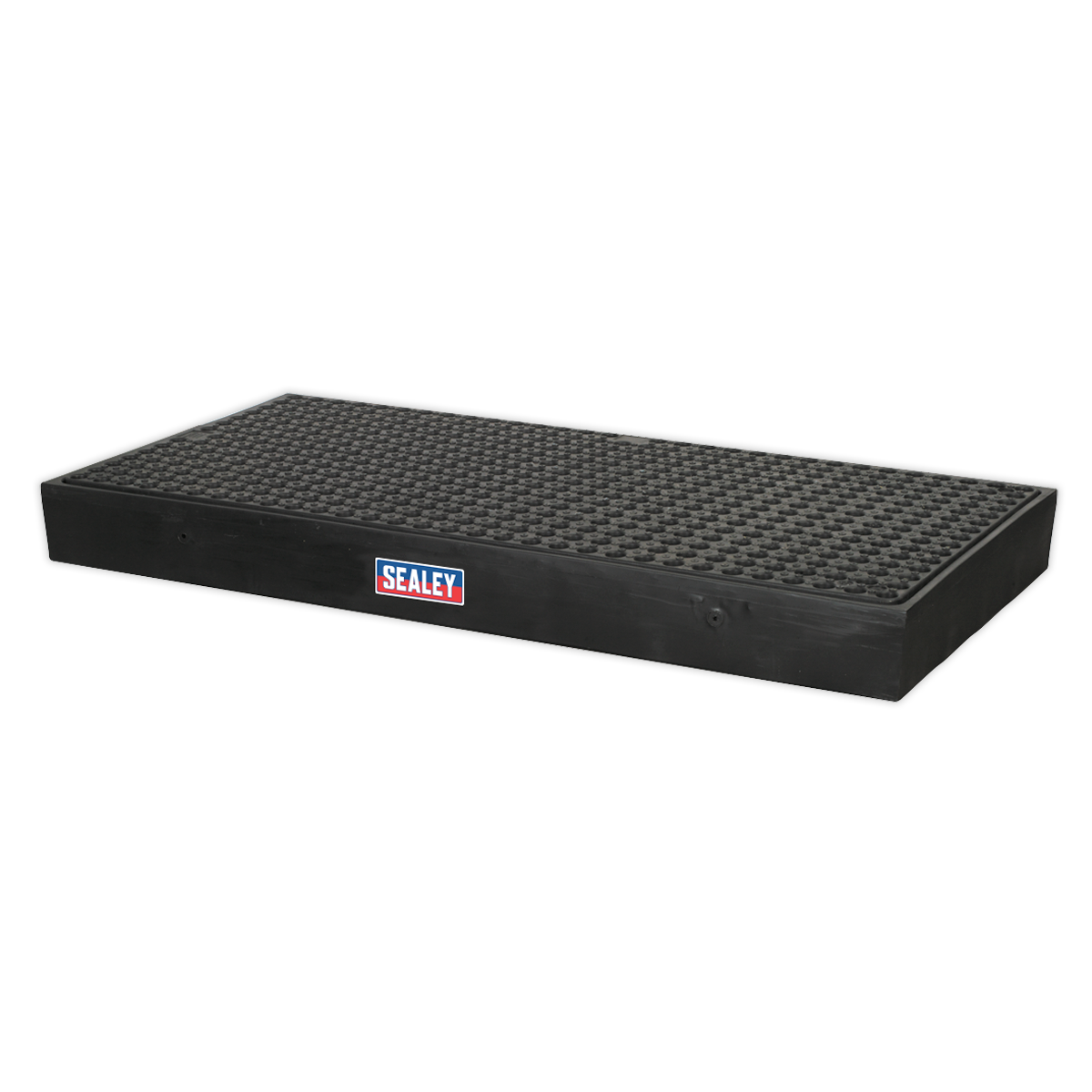 A rectangular black Sealey anti-fatigue mat with a textured surface, perfect for positioning over the Work Floor 1600 x 800 x 150mm - 2 Drum DRP20.