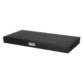 A rectangular black Sealey anti-fatigue mat with a textured surface, perfect for positioning over the Work Floor 1600 x 800 x 150mm - 2 Drum DRP20.