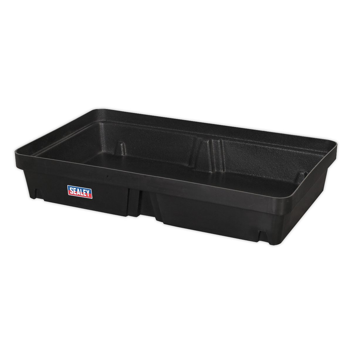 The Sealey Spill Tray 60L - DRP32, made from high-density polyethylene, features raised edges and compartments designed for efficiently collecting automotive fluids. With its black rectangular design and generous 60L capacity, it ensures durability and ample space for all your needs.