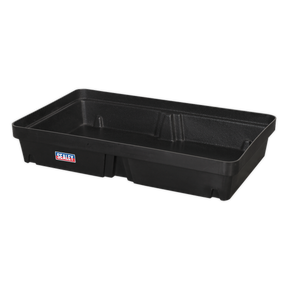 The Sealey Spill Tray 60L - DRP32, made from high-density polyethylene, features raised edges and compartments designed for efficiently collecting automotive fluids. With its black rectangular design and generous 60L capacity, it ensures durability and ample space for all your needs.