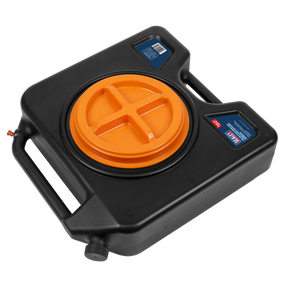 The Sealey Oil/Fluid Drain & Recycling Container 15L - Wheeled - DRP44 is crafted from black plastic with heavy-duty construction, featuring a large, round, orange screw-on lid and convenient handles. It is equipped with multiple labels and includes a small spout on one corner for spill-free disposal.