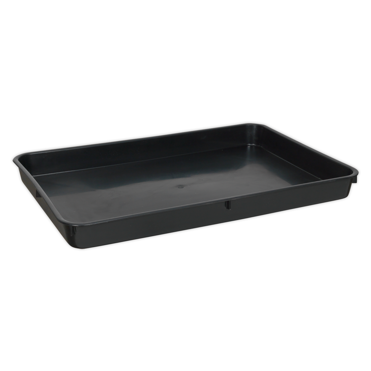 The Sealey Drip Tray Low Profile 9L - DRPL09 is a black rectangular plastic tray featuring slightly raised edges, ideal for use as a low profile drip tray for mechanic tools and oil recovery.