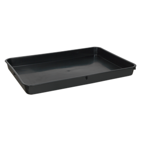 The Sealey Drip Tray Low Profile 9L - DRPL09 is a black rectangular plastic tray featuring slightly raised edges, ideal for use as a low profile drip tray for mechanic tools and oil recovery.
