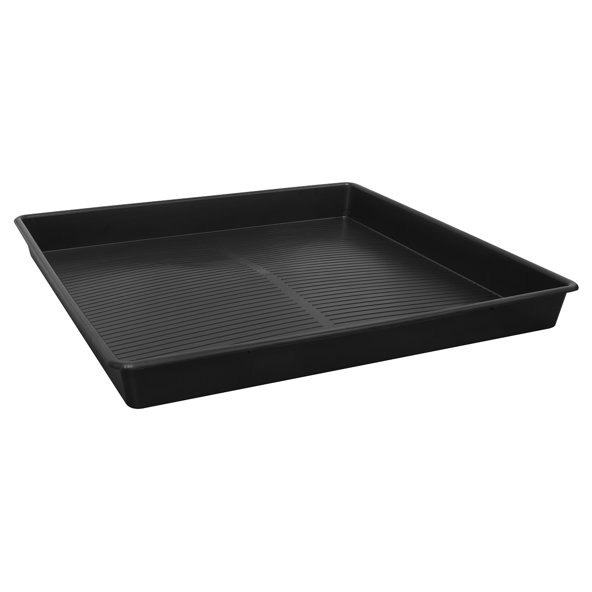 The Sealey Drip Tray Low Profile 120L - DRPL120 is a black, rectangular tray made from recycled polypropylene. It features slightly raised edges and a ridged bottom surface.