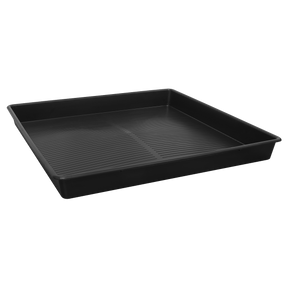 The Sealey Drip Tray Low Profile 120L - DRPL120 is a black, rectangular tray made from recycled polypropylene. It features slightly raised edges and a ridged bottom surface.