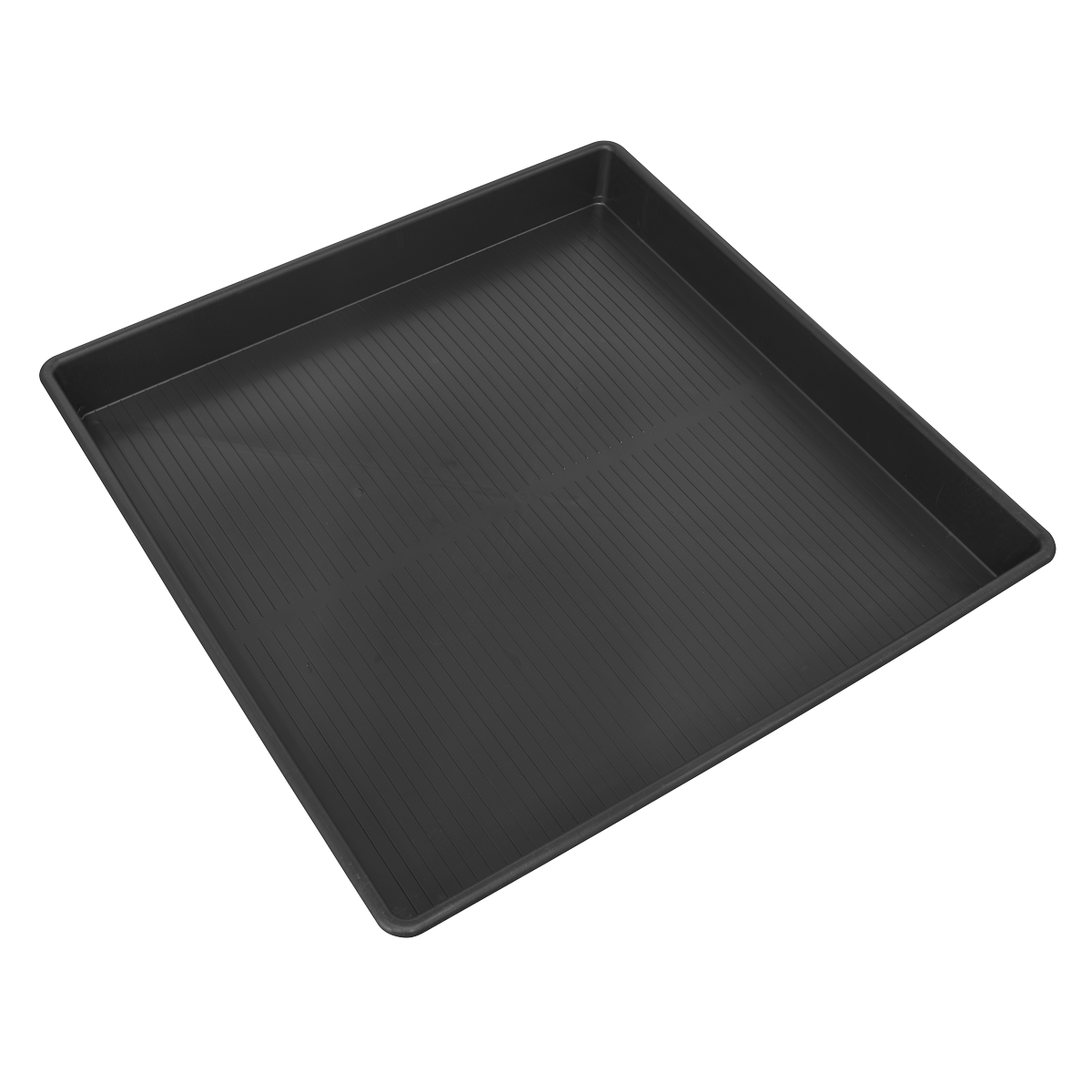 Introducing the Sealey Drip Tray Low Profile 120L - DRPL120: a black rectangular tray made from recycled polypropylene, featuring shallow sides and a ridged bottom.