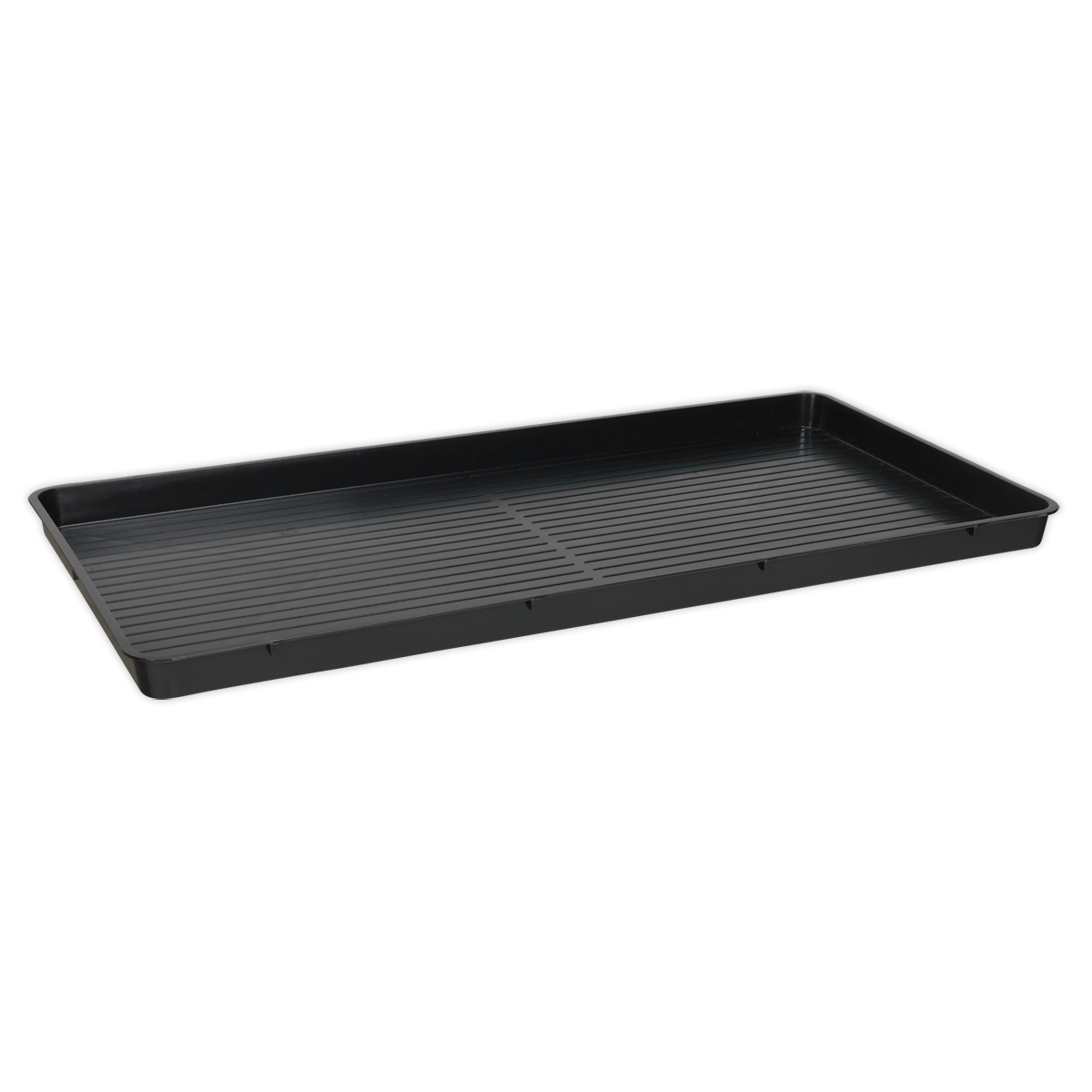 The Sealey Drip Tray Low Profile 25L - DRPL25 is a rectangular black plastic tray featuring raised edges and horizontal grooves on the bottom, ideal for classic car enthusiasts in need of an efficient solution for recovering oil and fluids.