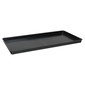 The Sealey Drip Tray Low Profile 25L - DRPL25 is a rectangular black plastic tray featuring raised edges and horizontal grooves on the bottom, ideal for classic car enthusiasts in need of an efficient solution for recovering oil and fluids.