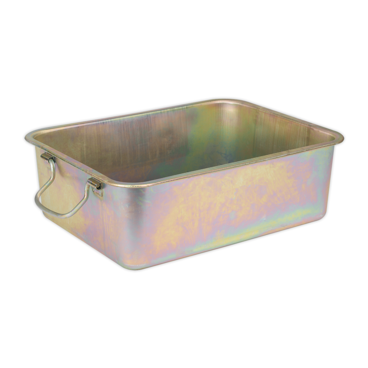 The Sealey Metal Drain Pan 16L - DRPM3 is a rectangular zinc-plated pan with two handles, featuring a rainbow-like iridescence on its surface. It's ideal for oil changes or as a drip tray.