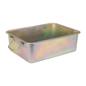 The Sealey Metal Drain Pan 16L - DRPM3 is a rectangular zinc-plated pan with two handles, featuring a rainbow-like iridescence on its surface. It's ideal for oil changes or as a drip tray.