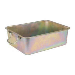 The Sealey Metal Drain Pan 16L - DRPM3 is a rectangular zinc-plated pan with two handles, featuring a rainbow-like iridescence on its surface. It's ideal for oil changes or as a drip tray.