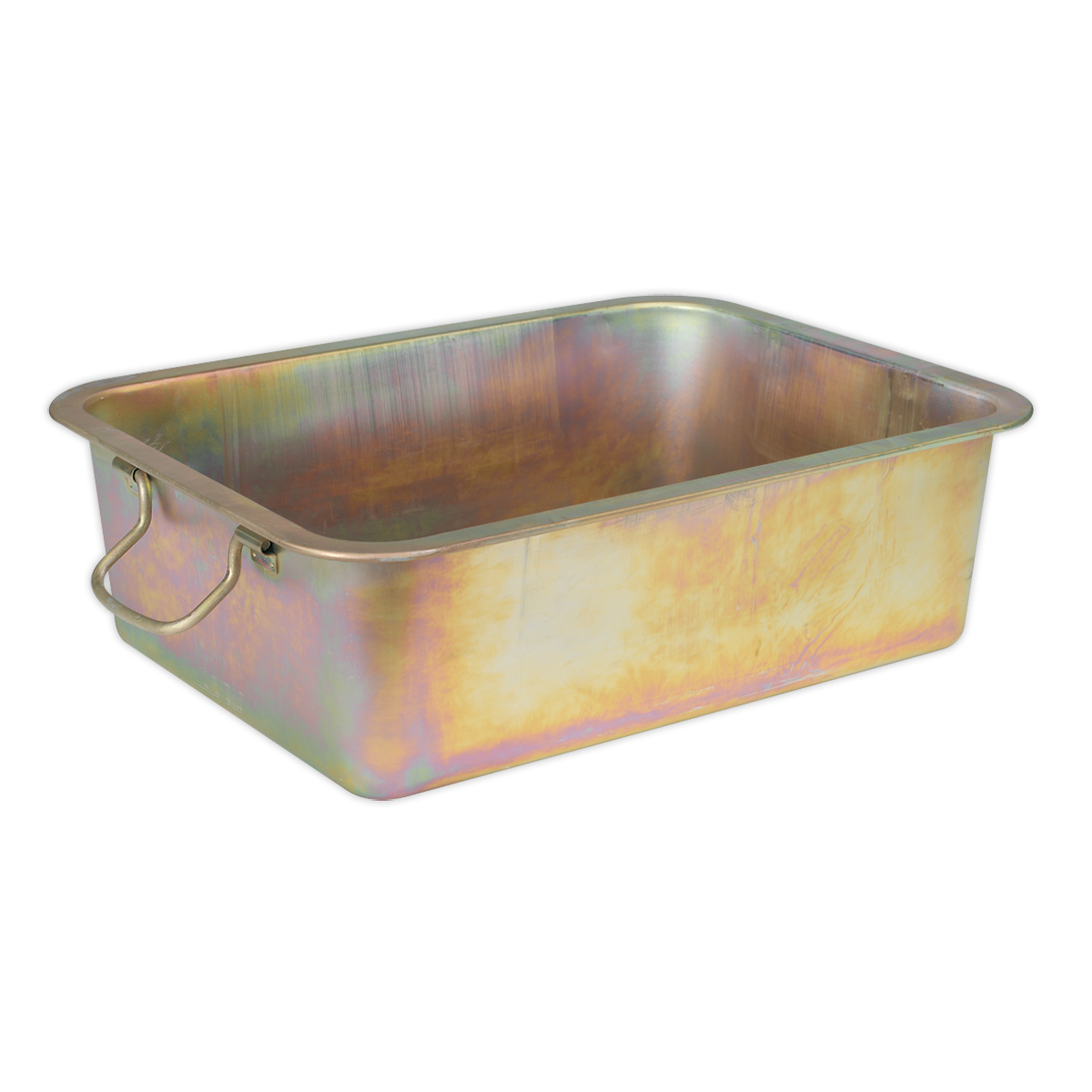 A rectangular zinc-plated Metal Drain Pan 20L - DRPM4 by Sealey, featuring handles on each side and a slightly iridescent finish.