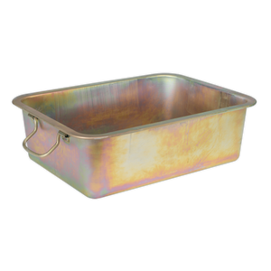 A rectangular zinc-plated Metal Drain Pan 20L - DRPM4 by Sealey, featuring handles on each side and a slightly iridescent finish.