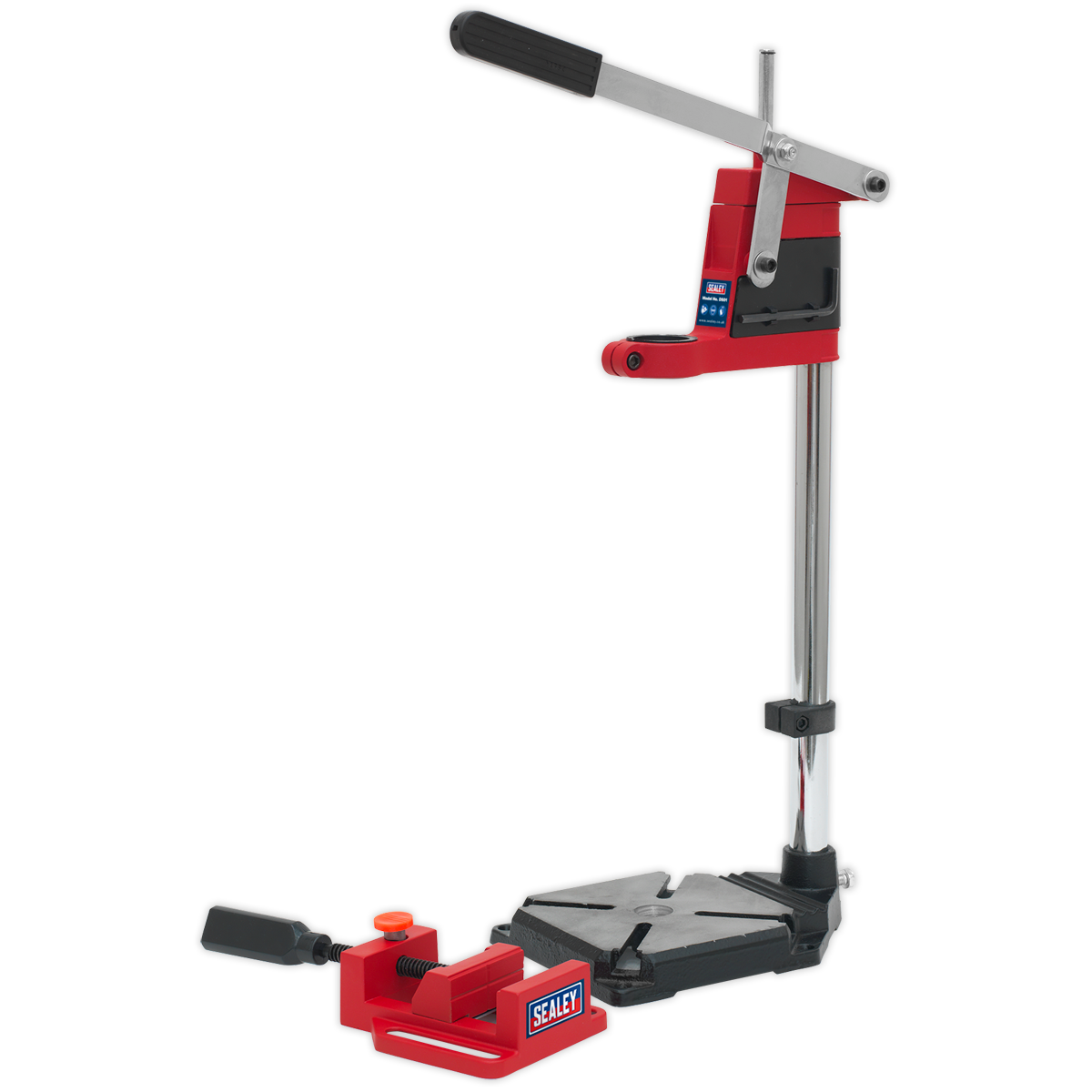 Sealey's Drill Stand with Cast Iron Base 500mm & 65mm Vice - DS01 features an adjustable red and black design complete with a base clamp, ideal for vertical drilling tasks and ensuring materials are securely held during use.