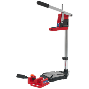Sealey's Drill Stand with Cast Iron Base 500mm & 65mm Vice - DS01 features an adjustable red and black design complete with a base clamp, ideal for vertical drilling tasks and ensuring materials are securely held during use.