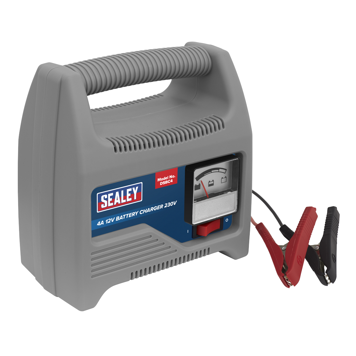 The Sealey Battery Charger 12V 4A 230V - DSBC4 is a portable unit designed for charging 12V batteries. It features a built-in handle, an integrated ammeter for real-time monitoring, and comes with attached red and black clamps.