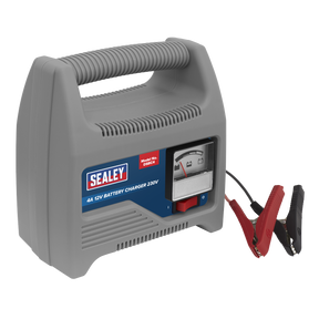 The Sealey Battery Charger 12V 4A 230V - DSBC4 is a portable unit designed for charging 12V batteries. It features a built-in handle, an integrated ammeter for real-time monitoring, and comes with attached red and black clamps.