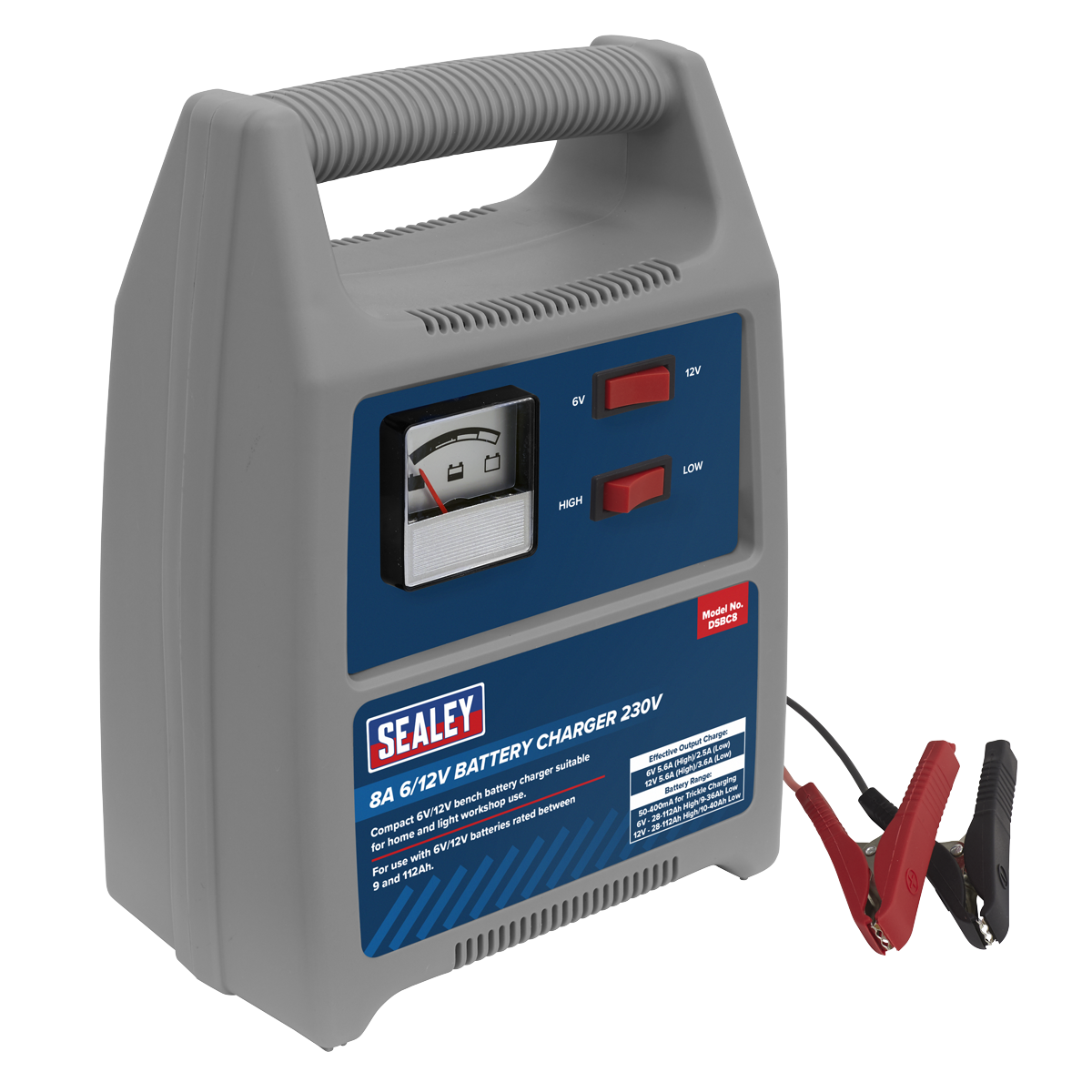 The Sealey Battery Charger 8A 6/12V 230V - DSBC8 includes a handle, gauge, ammeter, high and low settings, and attached red and black clamps. It features overheating protection to ensure safe operation.