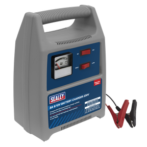 The Sealey Battery Charger 8A 6/12V 230V - DSBC8 includes a handle, gauge, ammeter, high and low settings, and attached red and black clamps. It features overheating protection to ensure safe operation.