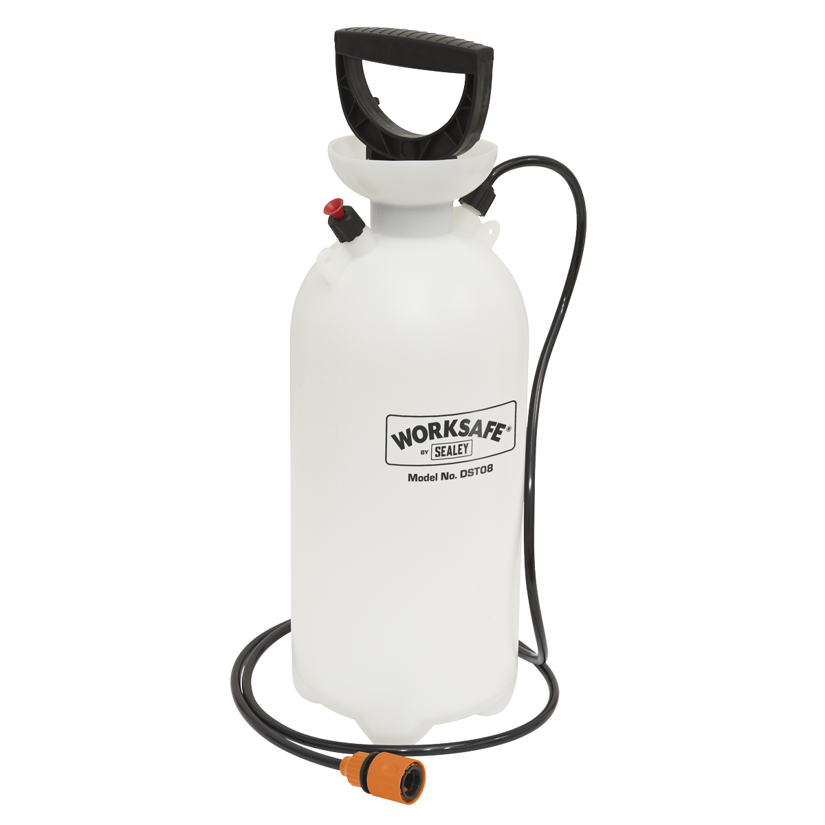 The Sealey Dust Suppression Water Tank 8L - DST08 is a white portable pressure sprayer featuring a black handle, black hose, and an orange nozzle. It has the model number DBT8B labeled "WORKSAFE" and includes an automatic pressure release valve for safety. Ideal for use with cut-off saws.