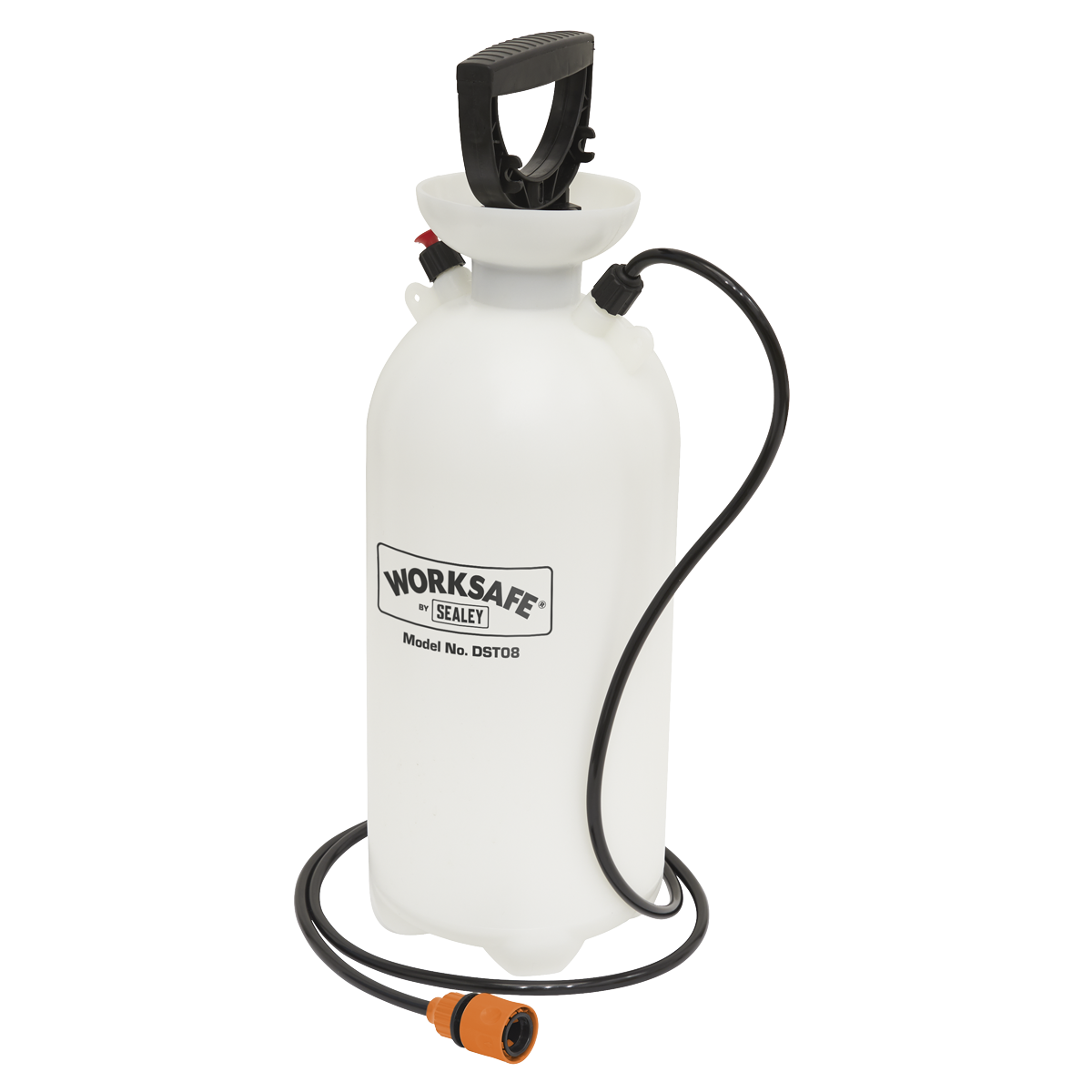 A white Sealey Dust Suppression Water Tank 8L, labeled "Model No. DST08," featuring a black handle and hose that ends with an orange nozzle and includes an automatic pressure release valve for safety.