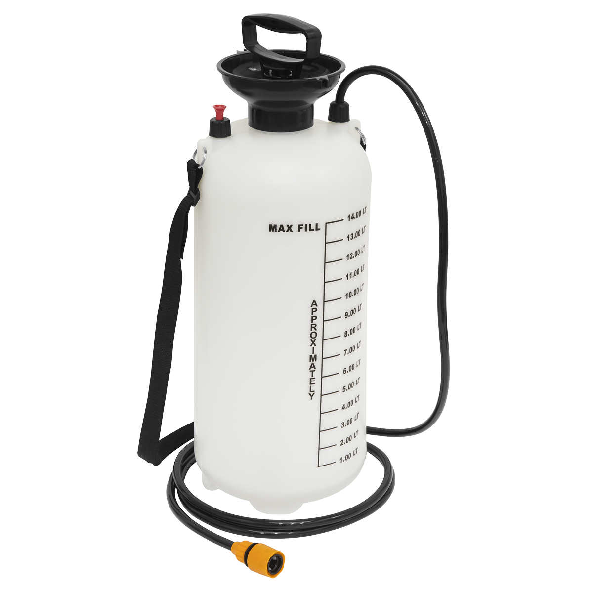 The Sealey Dust Suppression Water Tank 14L - DST14 features a white pump sprayer with a black handle, a measurement scale on the side, a black hose, and a yellow nozzle. This sprayer is perfect for dust suppression tasks and boasts a 14-litre capacity to help you manage larger areas efficiently and effectively.