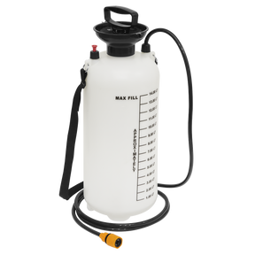 The Sealey Dust Suppression Water Tank 14L - DST14 features a white pump sprayer with a black handle, a measurement scale on the side, a black hose, and a yellow nozzle. This sprayer is perfect for dust suppression tasks and boasts a 14-litre capacity to help you manage larger areas efficiently and effectively.