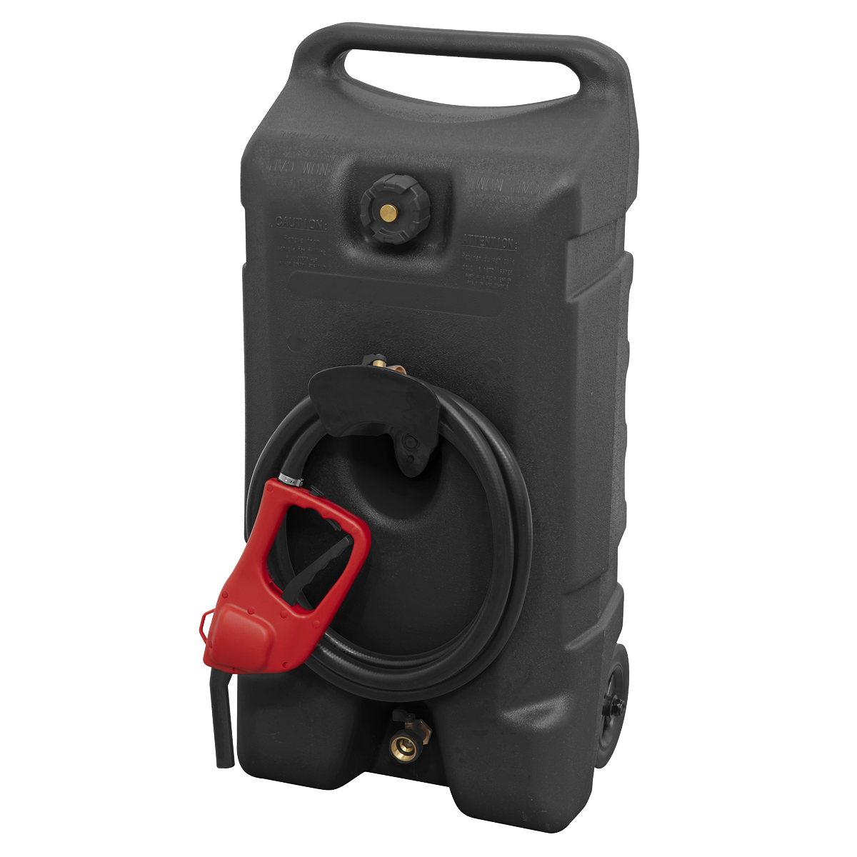 The Sealey Mobile Dispensing Tank 53L Gravity Fed - DT53 is a black portable fuel container made from high-density polyethylene. It features a handle, a red manual dispensing nozzle, and a hose coiled around the front.