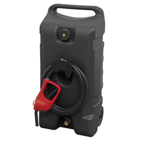 The Sealey Mobile Dispensing Tank 53L Gravity Fed - DT53 is a black portable fuel container made from high-density polyethylene. It features a handle, a red manual dispensing nozzle, and a hose coiled around the front.