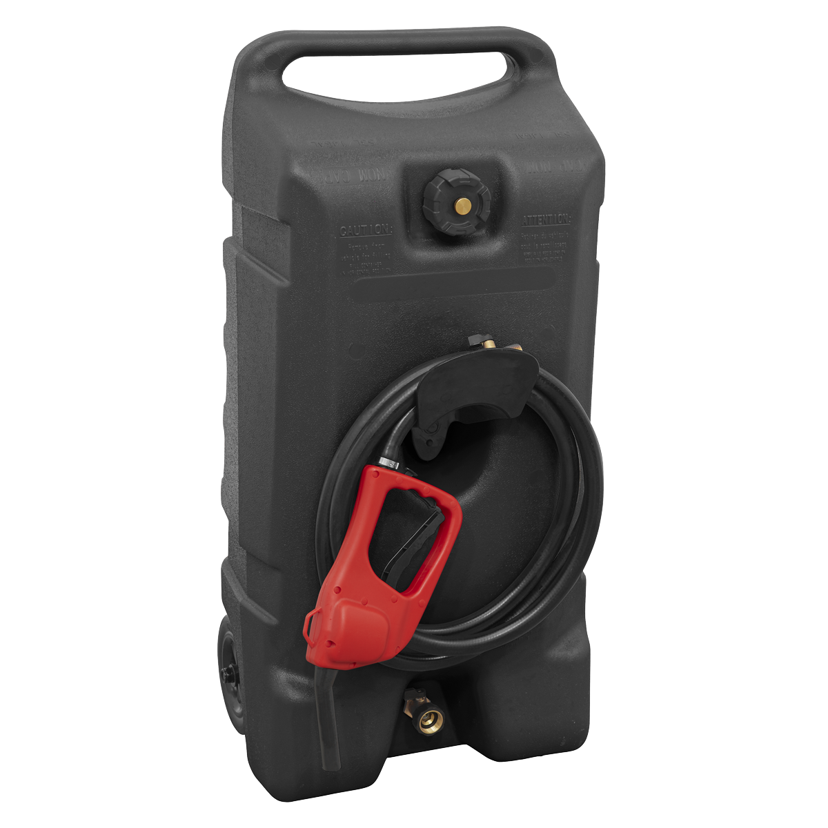 The Sealey Mobile Dispensing Tank 53L Gravity Fed - DT53, made of high-density polyethylene, comes in black plastic and includes a handle, hose, and red manual dispensing nozzle. It offers a 53L capacity for efficient fuel storage and transfer.