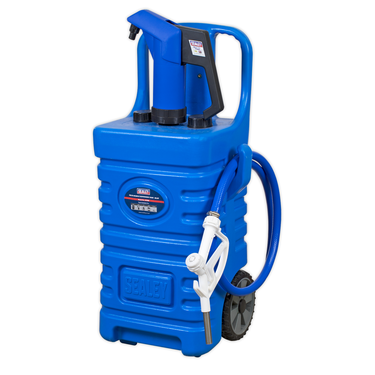 The Sealey Mobile Dispensing Tank 55L with AdBlue® Pump - Blue (DT55BCOMBO1) features a polyethylene construction and includes a pump, hose, and nozzle. With a generous 55L capacity and convenient wheels for easy transportation, it's perfect for hassle-free diesel distribution.