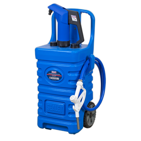 The Sealey Mobile Dispensing Tank 55L with AdBlue® Pump - Blue (DT55BCOMBO1) features a polyethylene construction and includes a pump, hose, and nozzle. With a generous 55L capacity and convenient wheels for easy transportation, it's perfect for hassle-free diesel distribution.