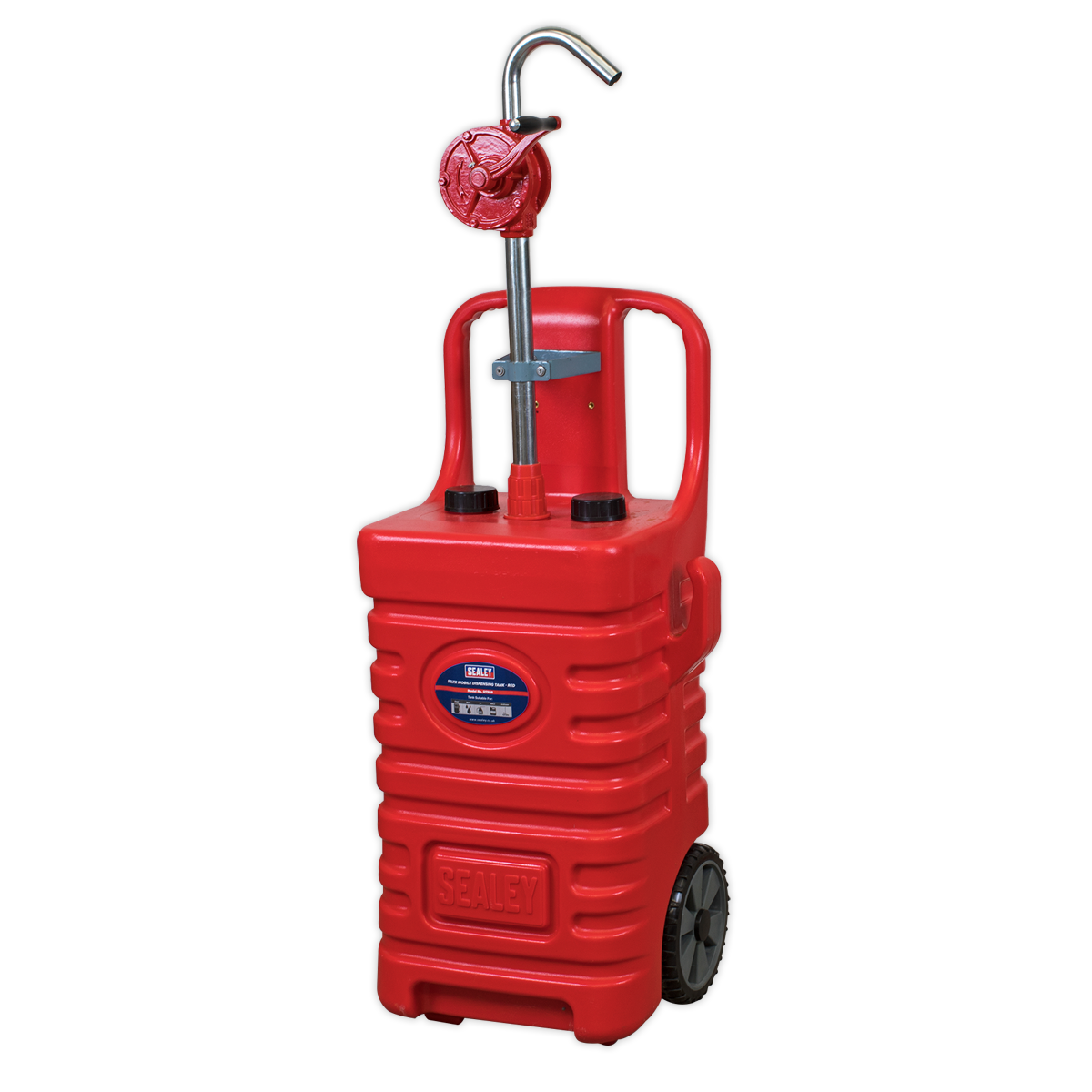 The Sealey Mobile Dispensing Tank 55L with Oil Rotary Pump - Red - DT55RCOMBO1 is a red, portable waste oil drainer featuring a handle, wheels, and an adjustable metal spout.