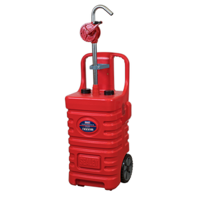 The Sealey Mobile Dispensing Tank 55L with Oil Rotary Pump - Red - DT55RCOMBO1 is a red, portable waste oil drainer featuring a handle, wheels, and an adjustable metal spout.
