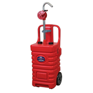 The Sealey Mobile Dispensing Tank 55L with Oil Rotary Pump - Red - DT55RCOMBO1 is a red, portable waste oil drainer featuring a handle, wheels, and an adjustable metal spout.