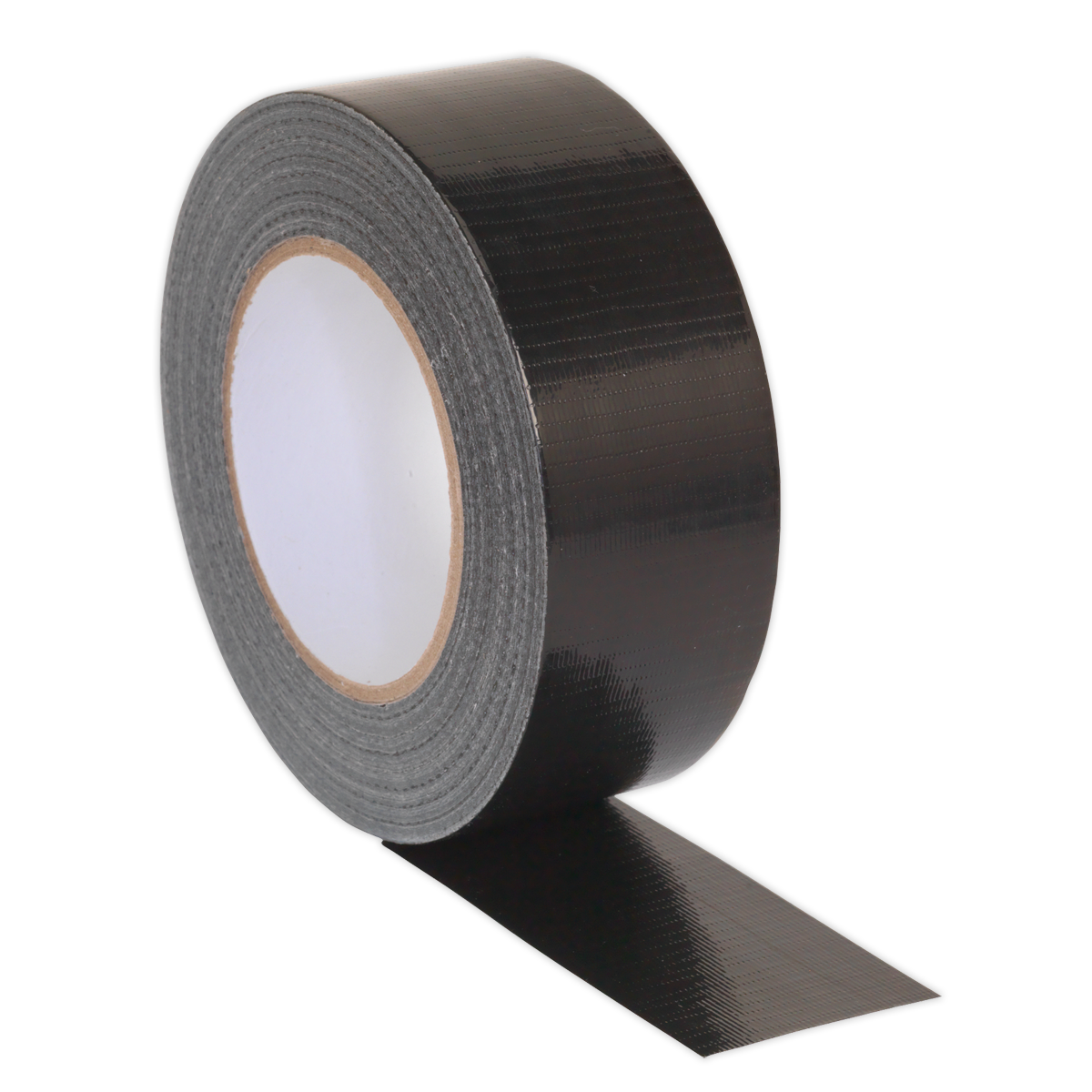 A roll of Sealey Duct Tape 48mm x 50m Black - DTB with a slightly unwound end lies against a white background, showcasing its black gloss finish.