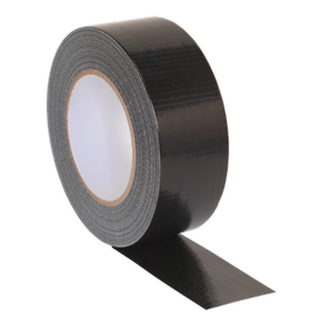 A roll of Sealey Duct Tape 48mm x 50m Black - DTB with a slightly unwound end lies against a white background, showcasing its black gloss finish.