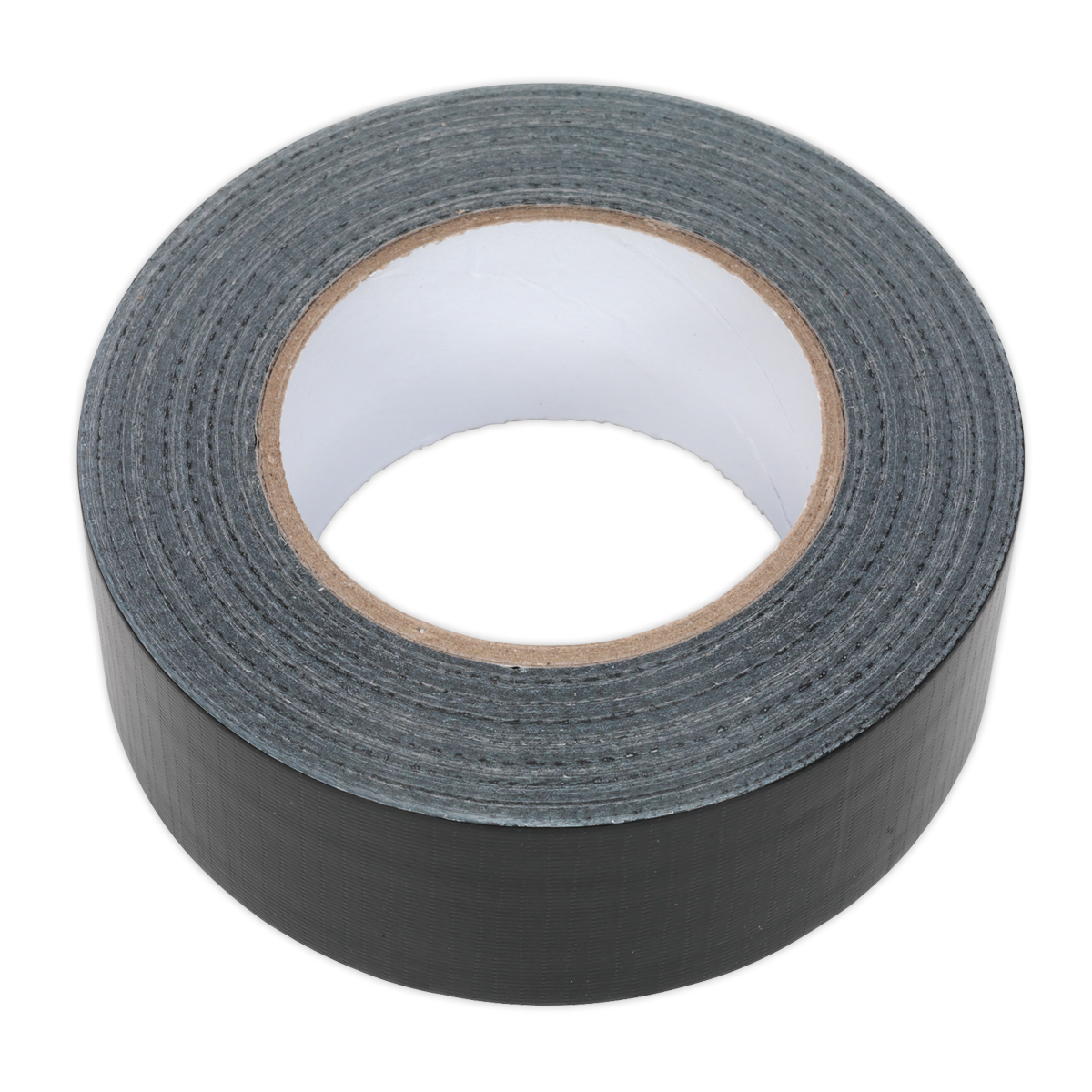 The Sealey Duct Tape 48mm x 50m Black - DTB features a black gloss finish with a white inner core, offering an immediately adhering, moisture-resistant seal.