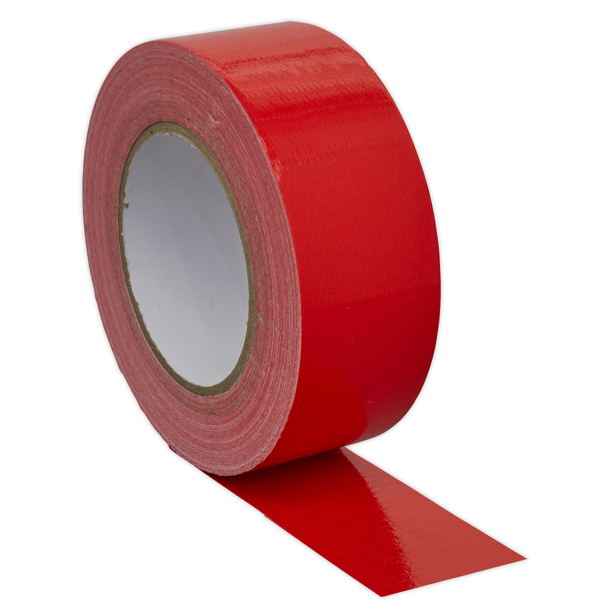 A roll of Sealey Duct Tape 50mm x 50m Red - DTR, featuring a partially unrolled strip with a red gloss finish and providing an easy-to-unwind, moisture-resistant seal.