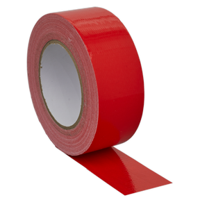 A roll of Sealey Duct Tape 50mm x 50m Red - DTR, featuring a partially unrolled strip with a red gloss finish and providing an easy-to-unwind, moisture-resistant seal.
