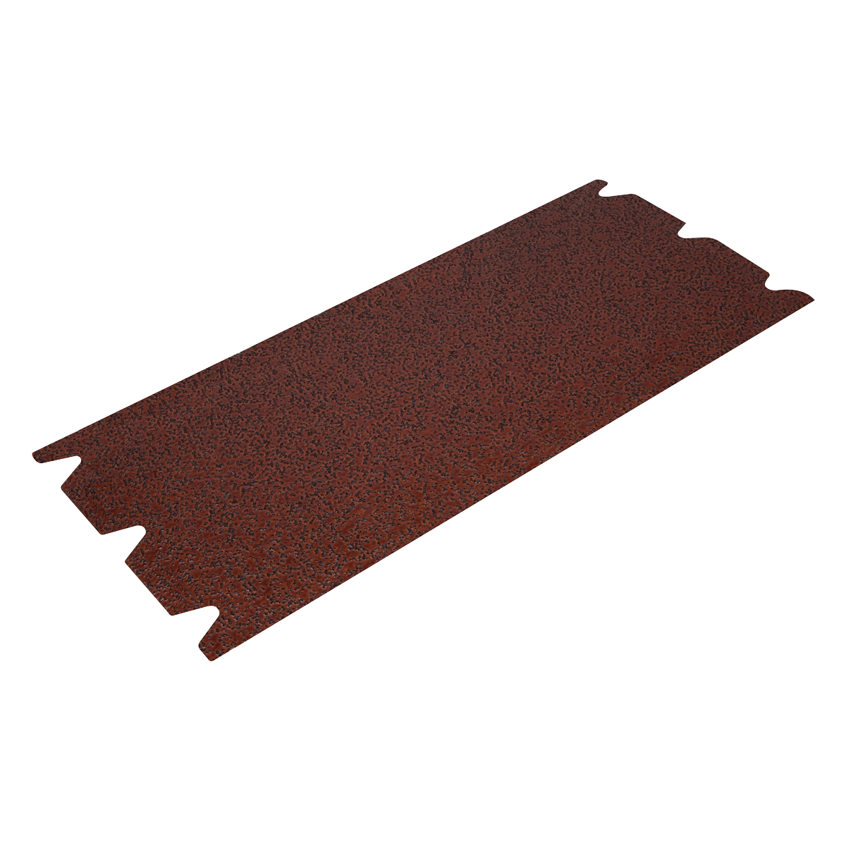 Image of a rectangular, reddish-brown metallic sheet with a grainy texture, resembling Sealey's Floor Sanding Sheet 205 x 470mm 24 Grit Open Coat (Model: DU824OC). The sheet features interlocking notches along the longer sides for seamless connection with other sheets and is ideal for preparing wooden floors.