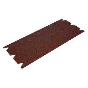 Image of a rectangular, reddish-brown metallic sheet with a grainy texture, resembling Sealey's Floor Sanding Sheet 205 x 470mm 24 Grit Open Coat (Model: DU824OC). The sheet features interlocking notches along the longer sides for seamless connection with other sheets and is ideal for preparing wooden floors.