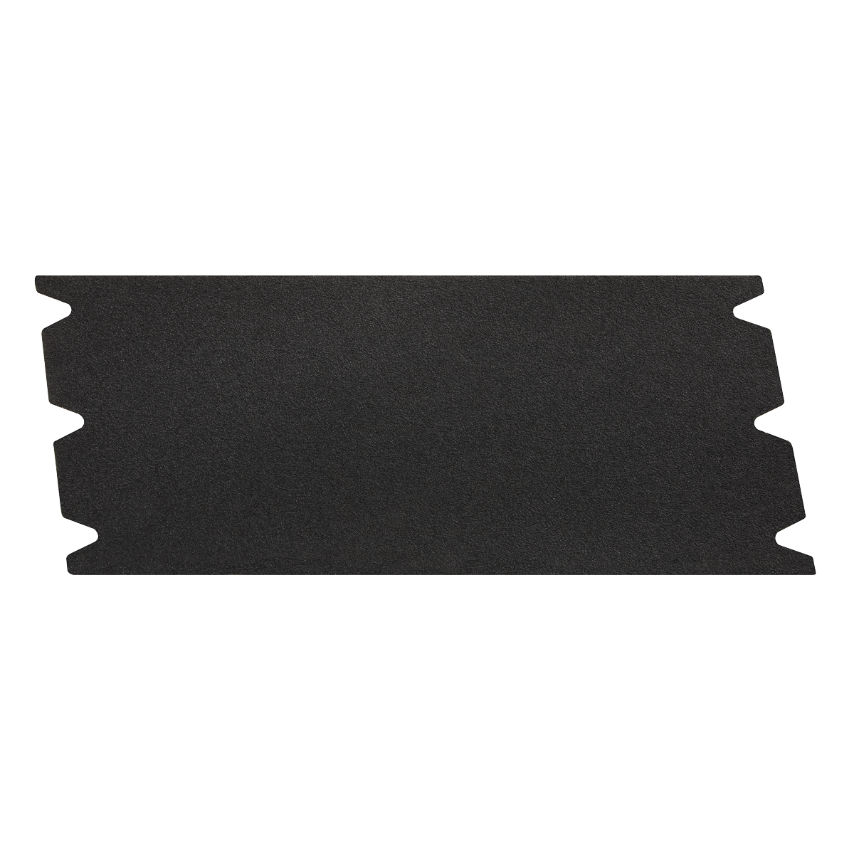 Sealey's Floor Sanding Sheet 205 x 470mm 40Grit - Pack of 25 (DU840) is a black, rectangular piece of heavy-duty silicone carbide paper with angled, notched edges on both sides, ideal for sanding wooden floors.