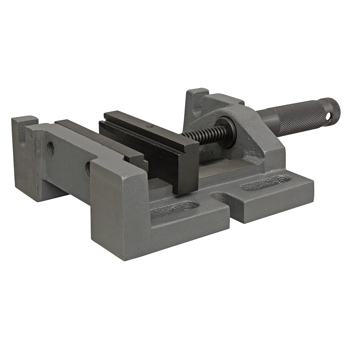 The Sealey Drill Vice 100mm 3-Way - DV3D, featuring a rotating handle for tightening and flat jaws for securely holding objects in place, is an essential addition to any workshop equipped with a milling machine.