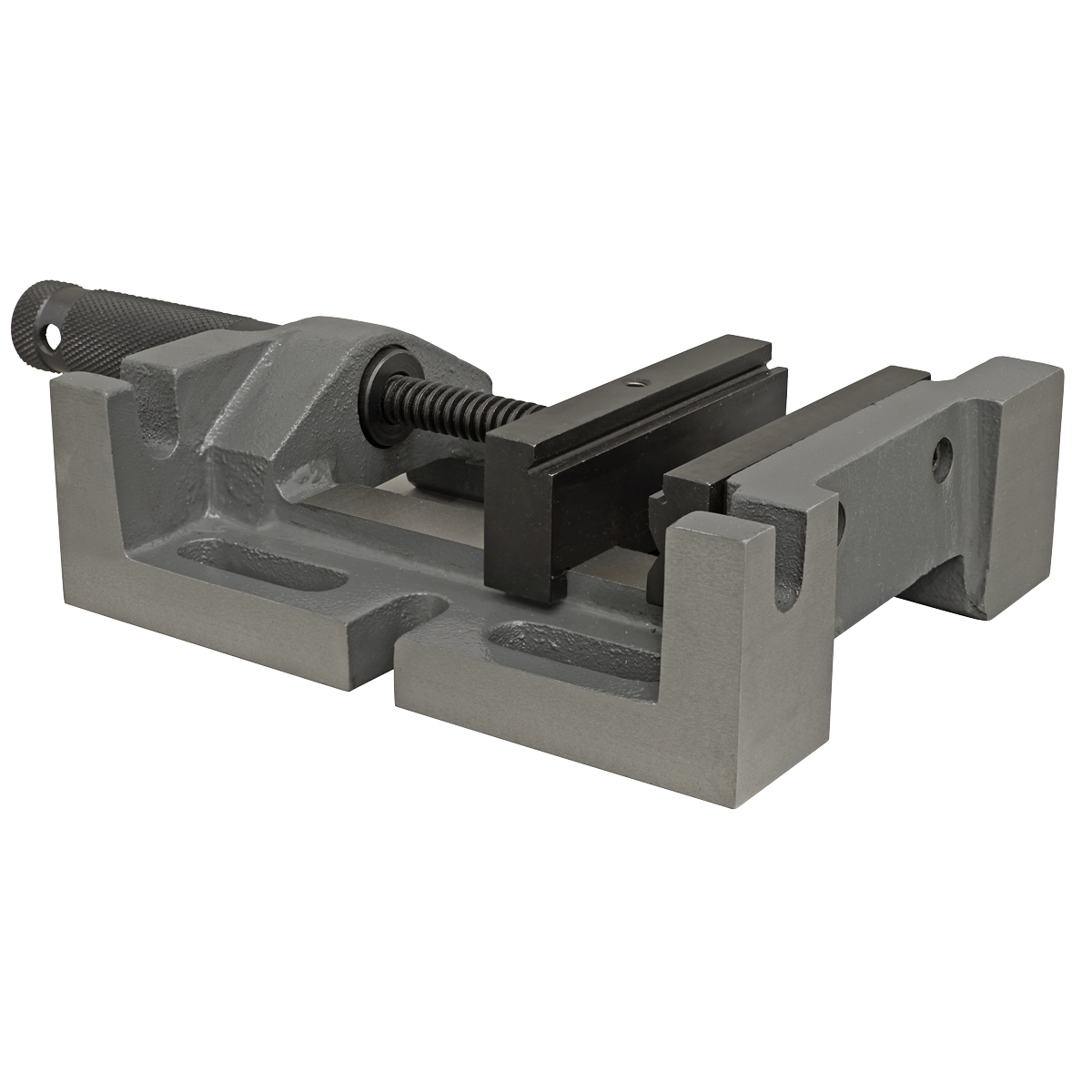 A Sealey Drill Vice 100mm 3-Way - DV3D, featuring a large screw handle and mounted on a base, is used for holding objects securely in place during milling machine operations.